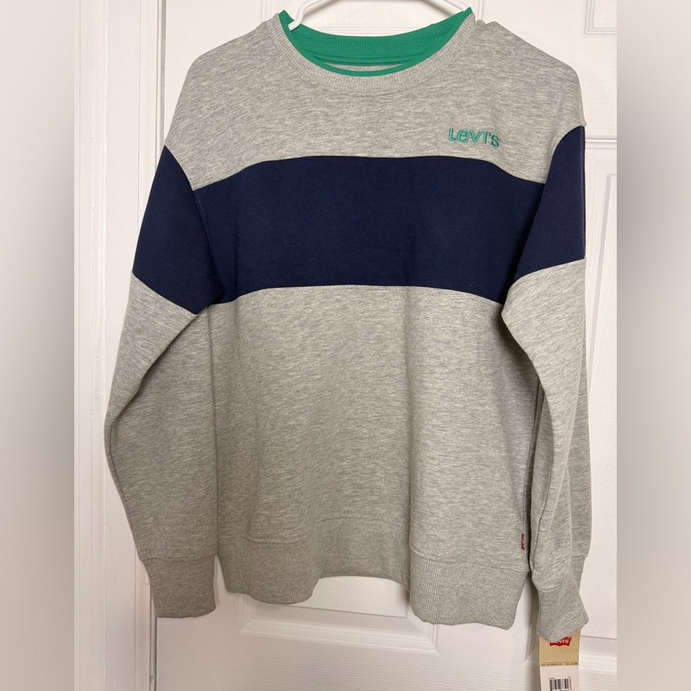 Levis Youth Large Boys Colorblock Crewneck Sweatshirt Navy Gray Logo Classic 12y